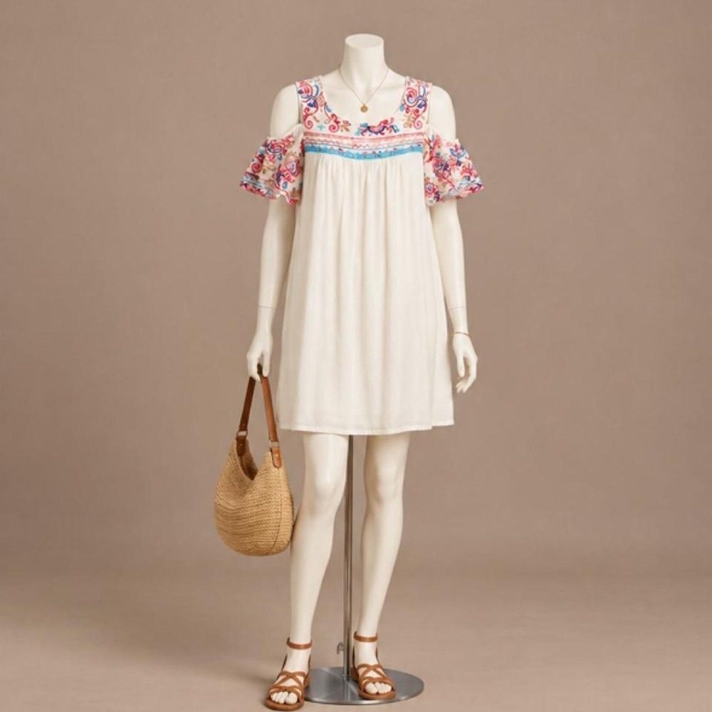 New Directions Embroidered Cold Shoulder Shift Dress Size Small Boho